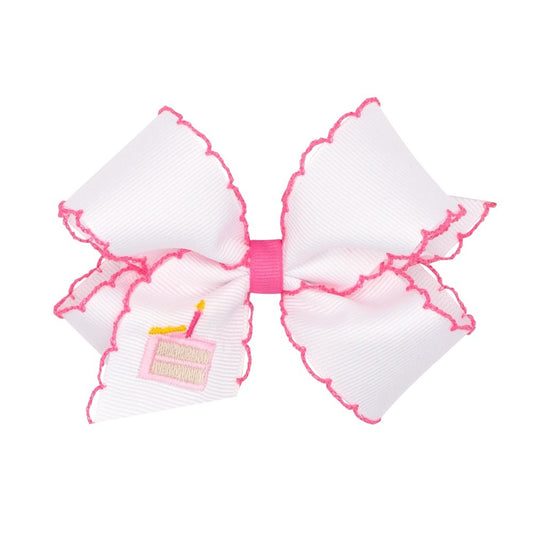 Wee Ones Girls Hair Bow on Clip - White with Pink Moonstitch - Embroidery Birthday Cake