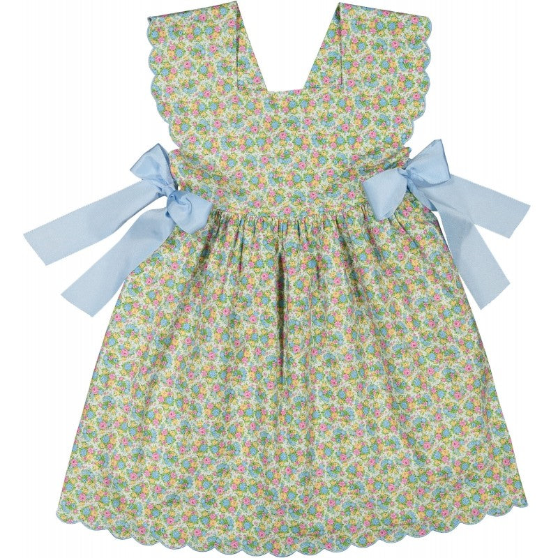 Sal & Pimenta Girls Dress - Multi Color Flower Bouquet - Scallop Hem & Blue Side Bows