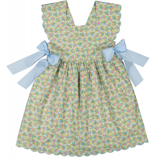 Sal & Pimenta Girls Dress - Multi Color Flower Bouquet - Scallop Hem & Blue Side Bows