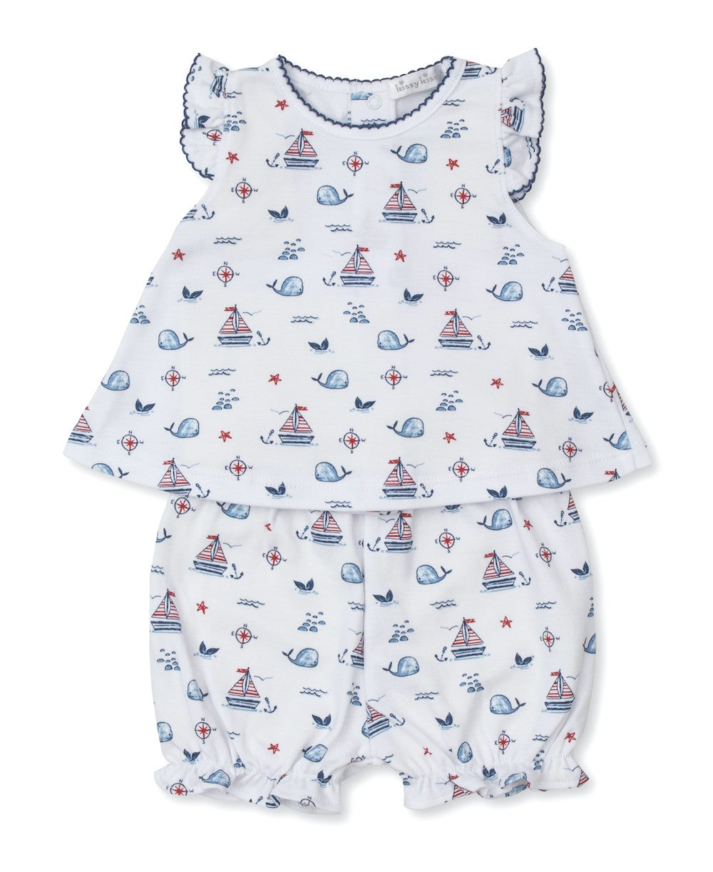 Kissy Kissy Baby Girls Sunsuit Bloomers Set - Blue Sails & Whales