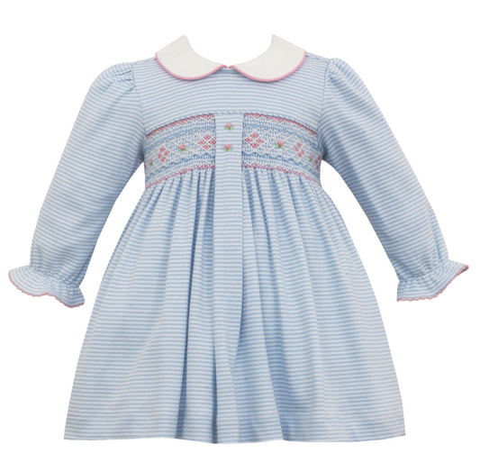 Petit Bebe Knits Baby / Toddler Girls Blue Stripe Knit Smocked Dress with Collar