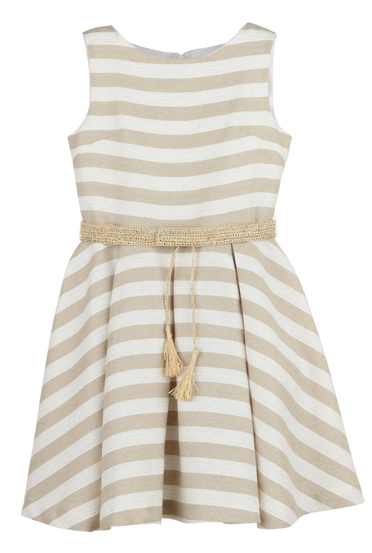 Luli & Me Girls Sleeveless Tan Striped Dress with Belt