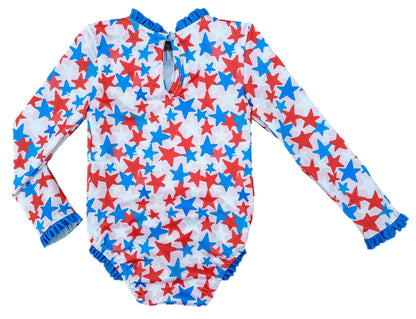 James & Lottie Girls Leighton One Piece Rash Guard Swimsuit - Patriotic Stars