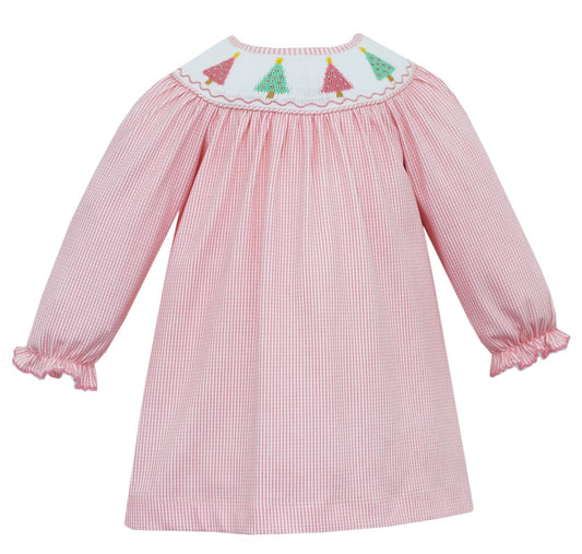 Petit Bebe Baby / Toddler Girls Pink Check Knit Dress - Smocked Christmas Trees - Long Sleeve Bishop