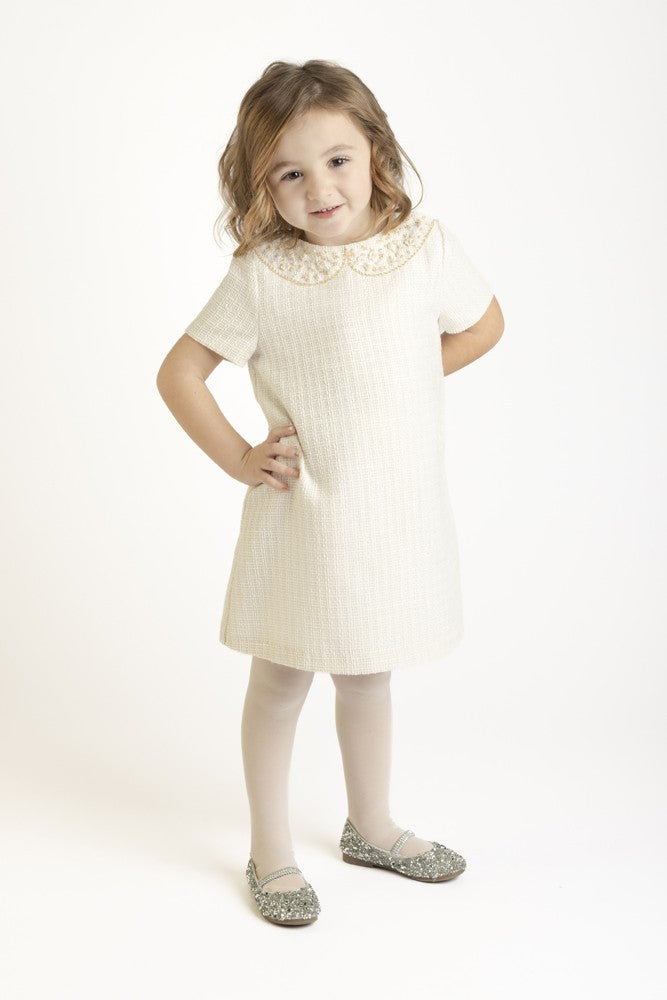 Luli & Me Girls Embroidery Collar Tweed A-Line Dress - Ivory