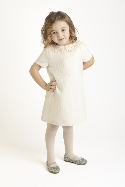 Luli & Me Girls Embroidery Collar Tweed A-Line Dress - Ivory