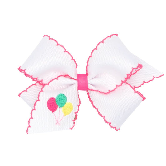 Wee Ones Girls White Hair Bow - Hot Pink Moonstitch - Embroidered Birthday Balloons