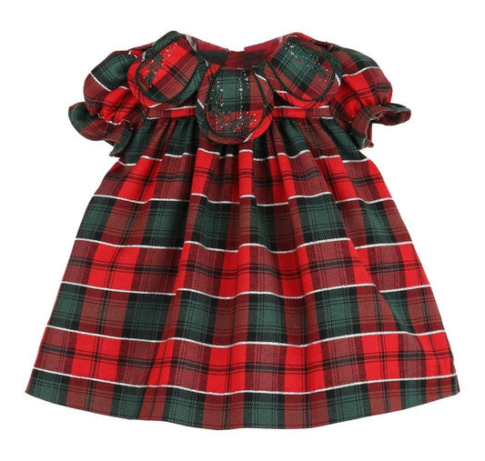 Sophie & Lucas Girls Red & Green Tartan Tidings Holiday Plaid Petal Collar Dress - Bow in Back