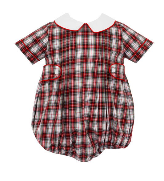 Petit Bebe Baby Boys Red Holiday Plaid Christmas Bubble - White Collar
