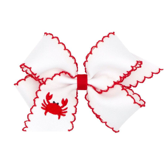 Wee Ones Girls Hair Bow - White with Red Moonstitch - Embroidered Red Crab