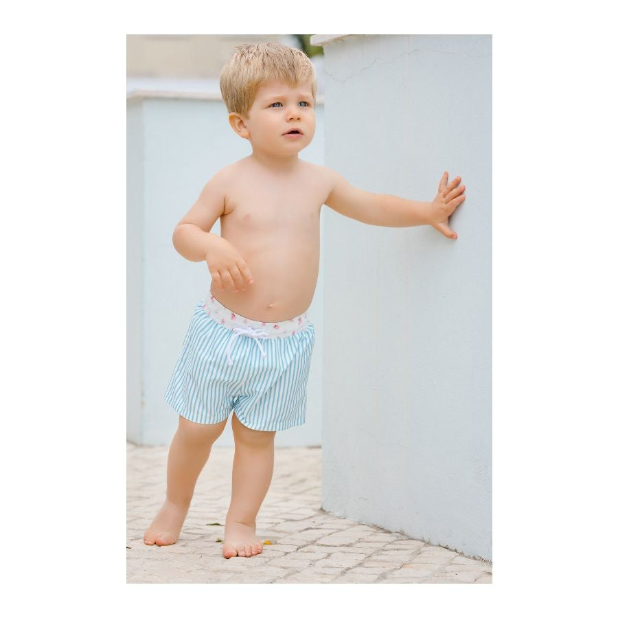 Sal & Pimenta Boys Swim Trunks - Blue Stripes - Sweetness Floral Trim & Pocket