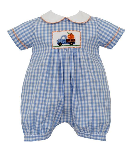 Anavini Baby Boys Light Blue Gingham Romper - Smocked Pumpkin Truck
