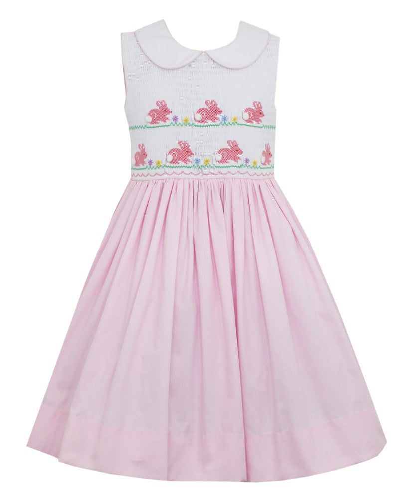 Anavini Girls Sleeveless Pink Pique Smocked Easter Bunny Parade Dress - White Bodice