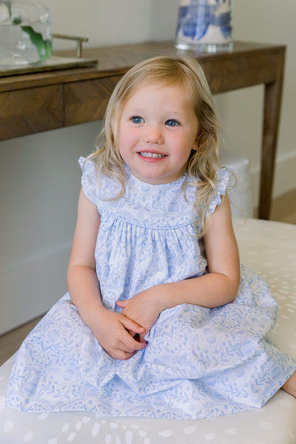 Bailey Boys Girls Flutter Sleeve Float Dress - Blue Easter Egg Toile