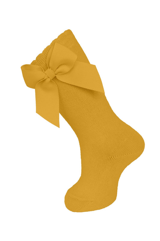 Carlomagno Socks - Girls Cotton Knee High Socks - Attached Grosgrain Bow - Curry Mustard