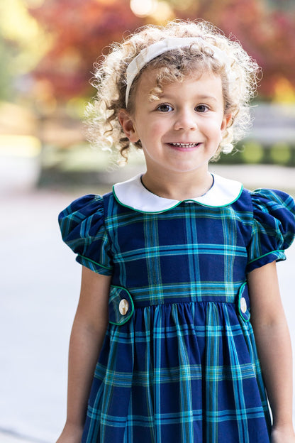 Marco & Lizzy Girls Blue / Green Blackwatch Plaid Dress - White Collar