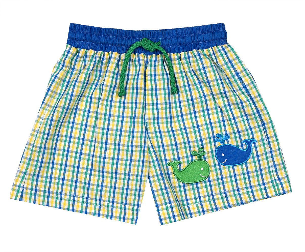 Claire & Charlie Baby / Toddler Boys Swim Trunks - Blue & Yellow Plaid with Whales by Claire & Charlie