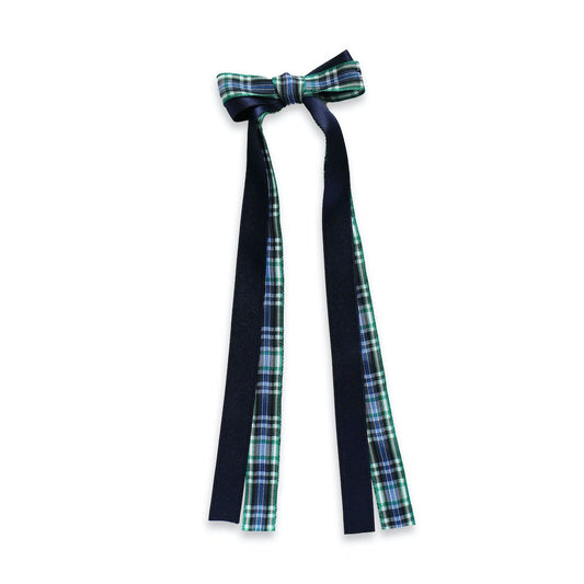 Eva's House Girls Double Bow on Snap Clip - Satin - 9 inch Streamers - Navy Blue & Blackwatch Plaid