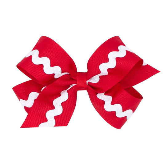 Wee Ones Girls Grosgrain Bow - Red with White Rick Rack
