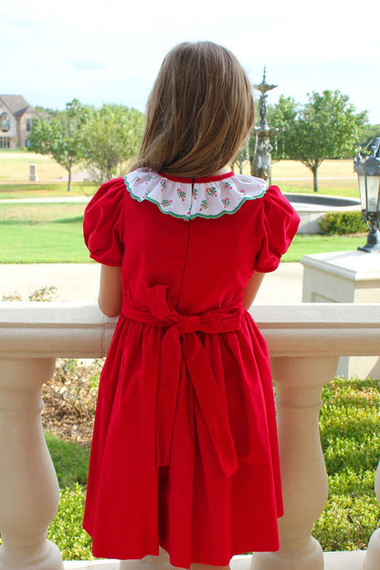 Susanne Lively Girls Red Corduroy Christmas Dress - Embroidered Candy Cane Ruffle Collar