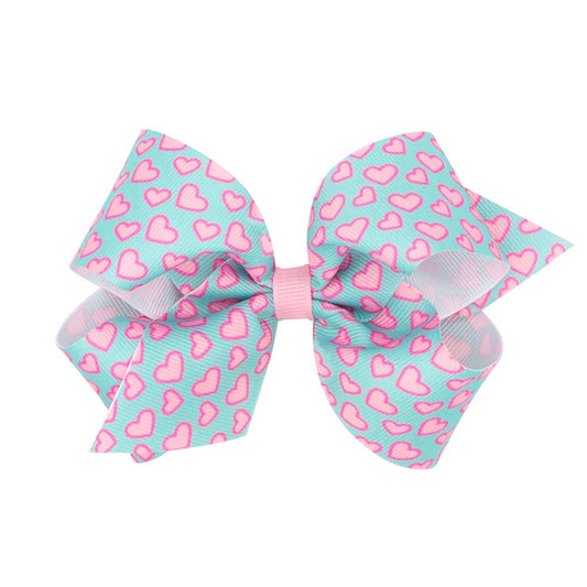 Wee Ones Girls Hair Bow - Trendy Girl - Pink Hearts on Aqua