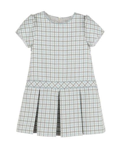 Luli & Me Baby Girls Pleated Dress - Blue & Gray Check