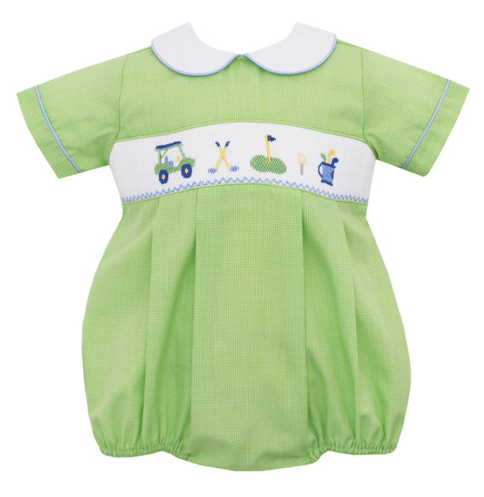 Petit Bebe Baby Boys Bubble - Green Check - Smocked Golf Theme