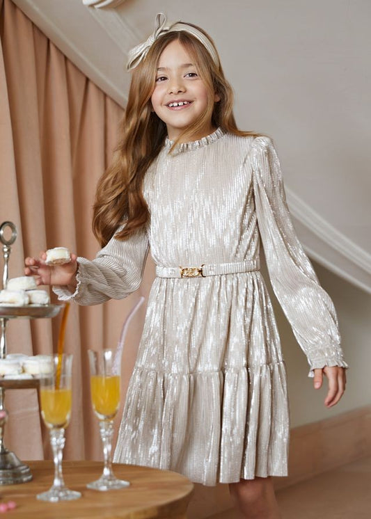 Abel & Lula Girls Gold Pleated Knit Holiday Dress with Belt