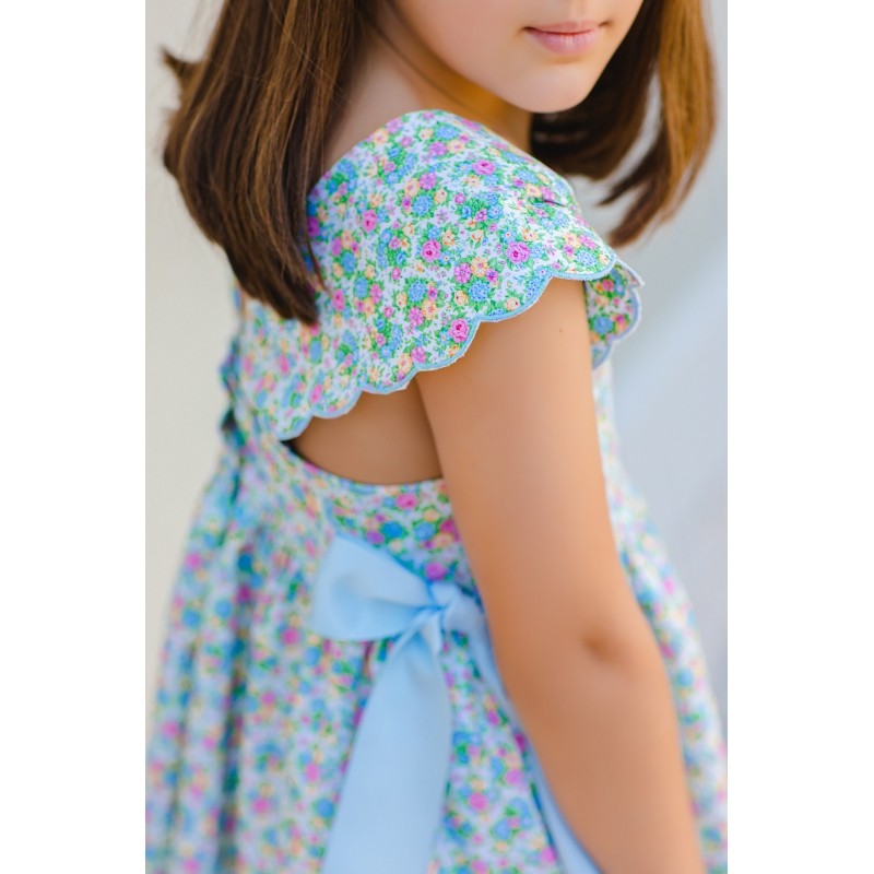 Sal & Pimenta Girls Dress - Multi Color Flower Bouquet - Scallop Hem & Blue Side Bows