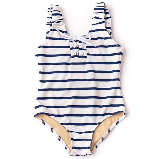 Shade Critters Girls One Piece Swimsuit - Blue Nautical Stripe Lace Up