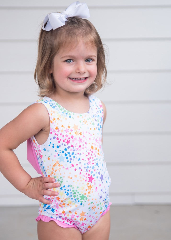 James & Lottie Girls Lottie Swimsuit - Colorful Stars - Pink Bow on Back
