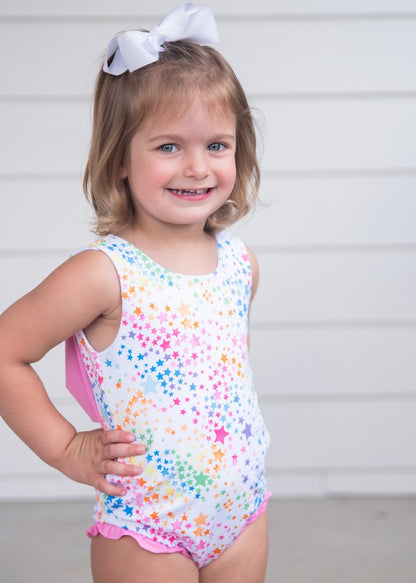 James & Lottie Girls Lottie Swimsuit - Colorful Stars - Pink Bow on Back