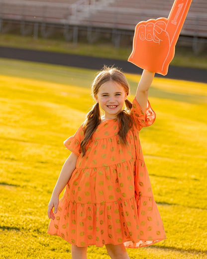 Yellow Lamb Girls Game Day Tiered Dress - Gold Footballs - Orange