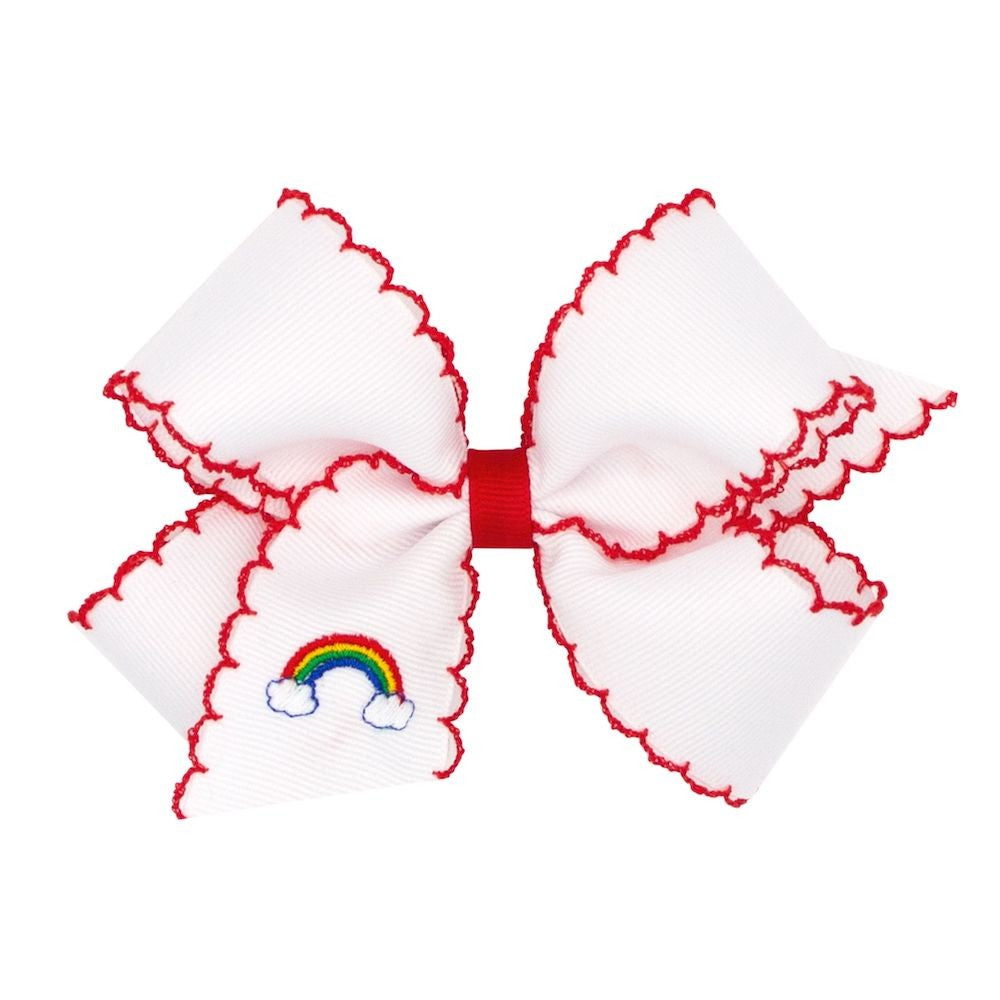 Wee Ones Girls White Hair Bow with Red Moonstitch - Embroidered Rainbow