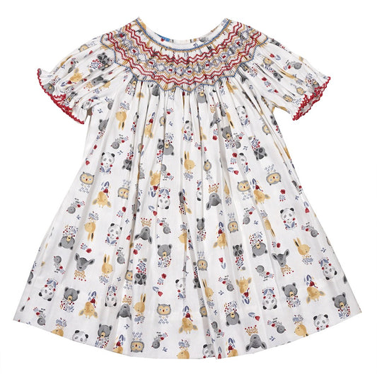 Anavini Couture Baby / Toddler Girls Smocked Bishop Dress - Forest Friends Animals Print