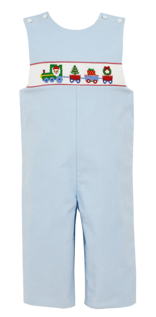 Anavini Baby / Toddler Boys Blue Corduroy Longall - Smocked Santa Claus Train