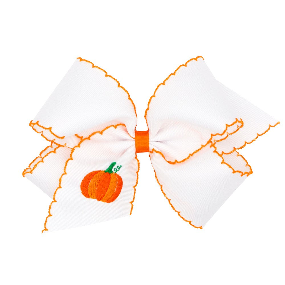 Wee Ones Girls White Hair Bow with Orange Moonstitch - Embroidered Pumpkin