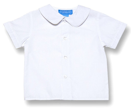 Anavini Baby / Toddler Boys White Piped Dress Shirt with Collar - Short Sleeves