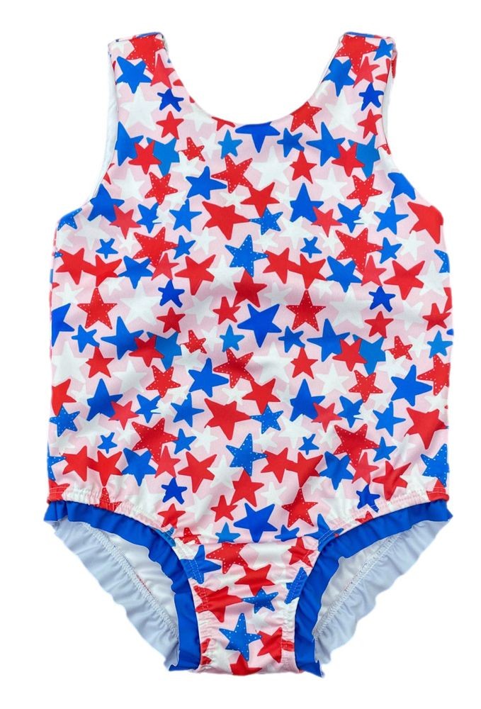 James & Lottie Girls Lottie One Piece Swimsuit - Patriotic Stars - Blue Bow on Back