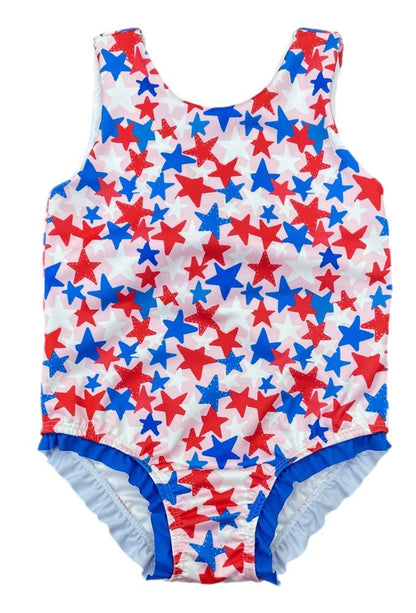 James & Lottie Girls Lottie One Piece Swimsuit - Patriotic Stars - Blue Bow on Back