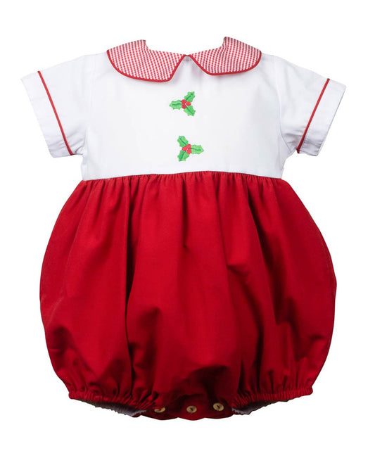 Proper Peony Baby Boys Red Holiday Holly Bubble with Gingham Collar