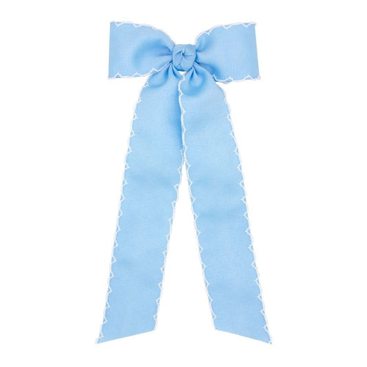 Wee Ones Girls Grosgrain Moonstitch Bow with Streamers - Blue with White