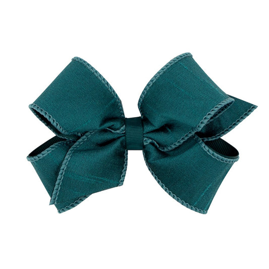 Wee Ones Girls Hair Bow on Clip - Dupioni Silk / Grosgrain Overlay - Teal Green
