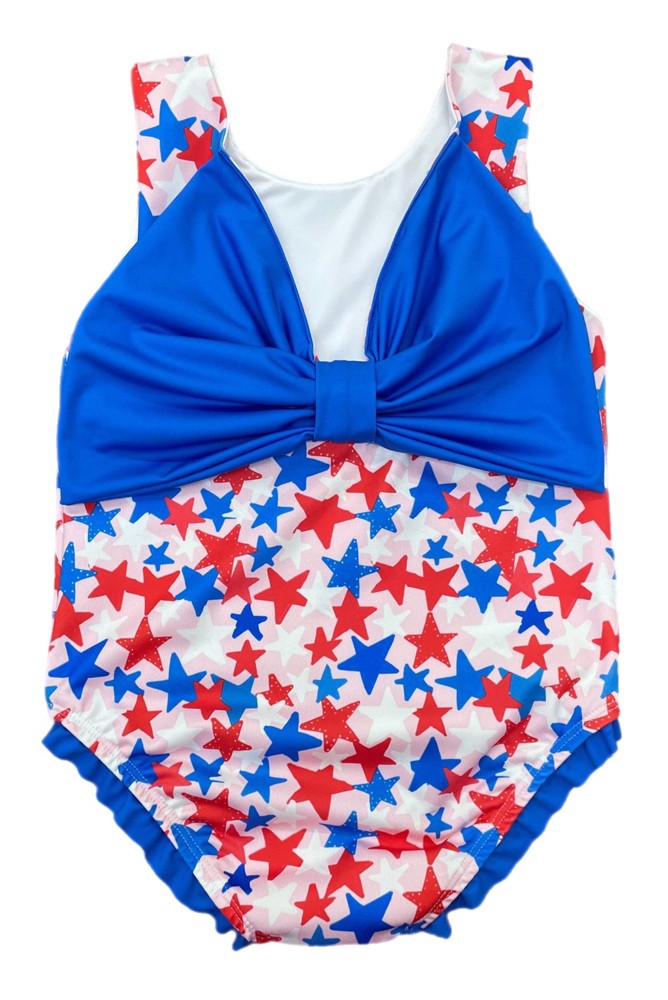 James & Lottie Girls Lottie One Piece Swimsuit - Patriotic Stars - Blue Bow on Back