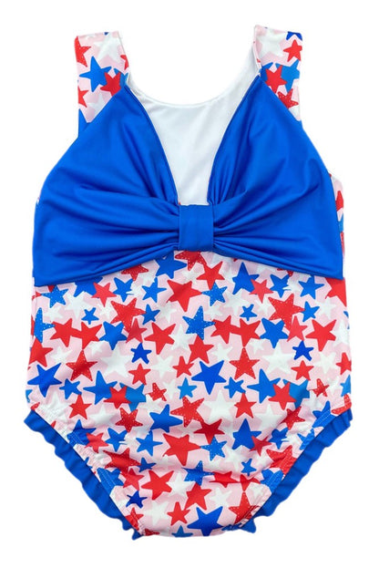 James & Lottie Girls Lottie One Piece Swimsuit - Patriotic Stars - Blue Bow on Back