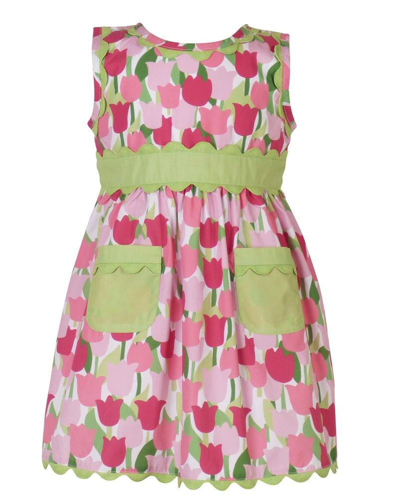 Yellow Lamb Girls Amalie Field of Pink Tulips Dress with Pockets