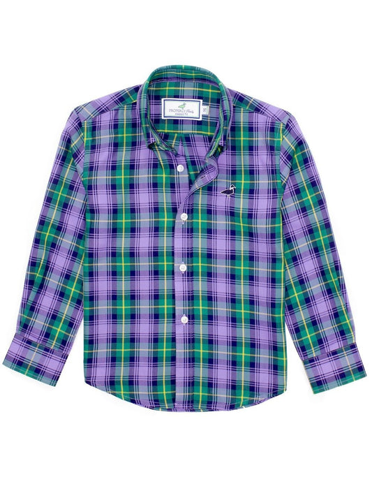 Properly Tied Boys Seasonal Sport Shirt - Purple Mardi Gras Rex Plaid