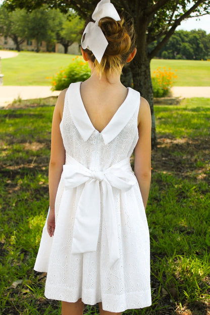 Susanne Lively Girls Sleeveless White Eyelet Dress - Audrey Hepburn Collar and V-Back