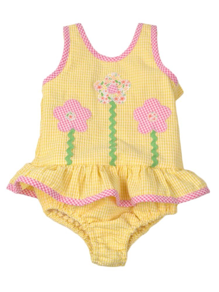 Funtasia Too Girls Yellow Gingham Swimsuit - Pink Flowers