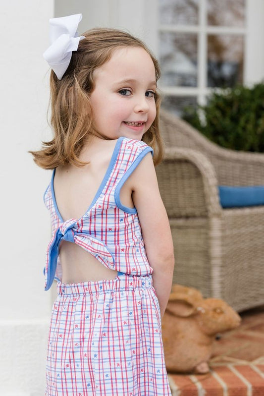 James & Lottie Girls Kristin Knot Dress - Patriotic Stars Print